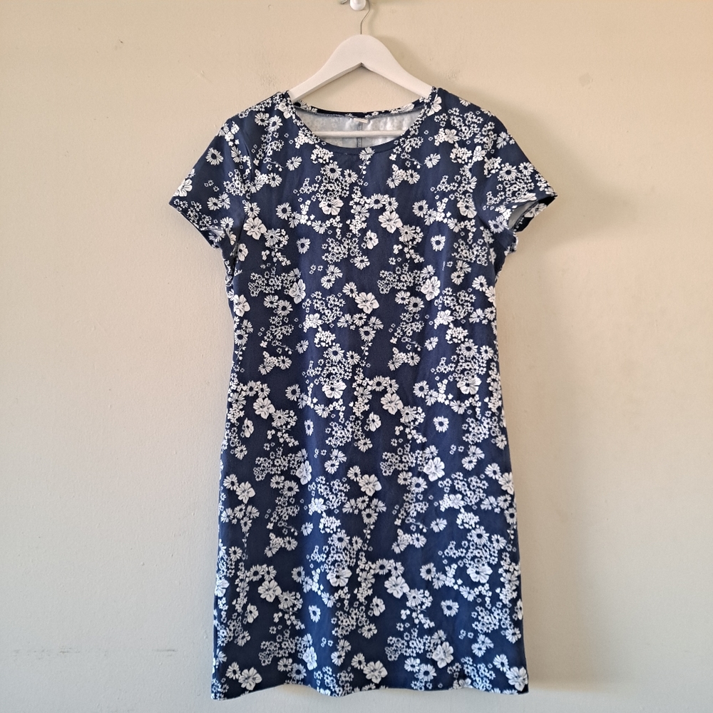 Old Navy Blue and White Cotton Floral Print Knit Mini Stretch Fitted Dress - L